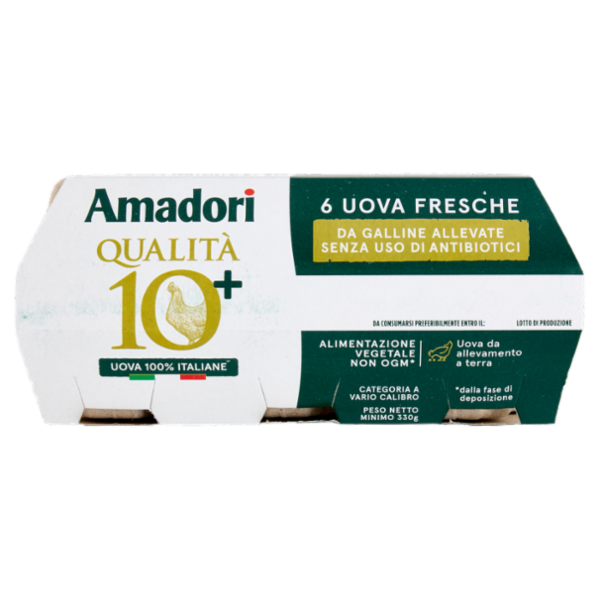 Amadori Qualità 10+ 6 Uova Fresche da Galline Allevate Senza Uso di Antibiotici 330 g