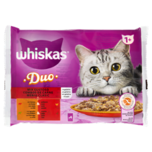 Whiskas Duo Cibo Umido Gatto Mix Gustoso In Gelatina Manzo & Pollame, Agnello & Anatra 4x85g