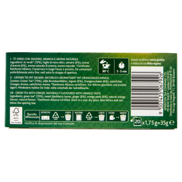Sir Winston Tea Zenzero e Arancia Tè Verde 20 x 1,75 g