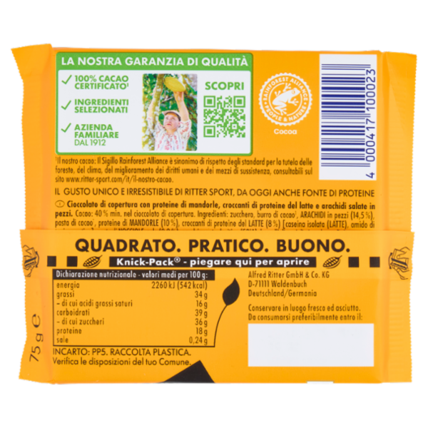 Ritter Sport Crunchy Peanut + Crisp di Proteine 75 g