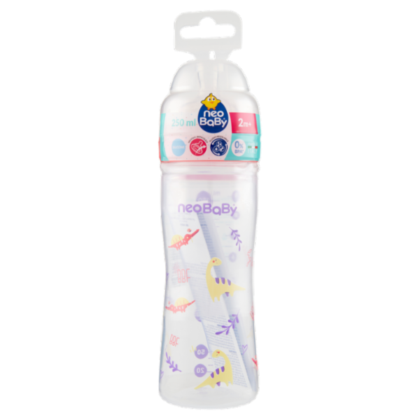 neo Baby Biberon Plastica Collo Largo 250 ml 2m+ Dino Rosa