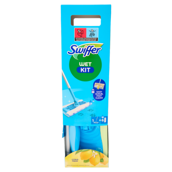 Swiffer Wet Kit Citrus Fresh (1 Scopa Lavapavimenti + 6 Panni Umidi per Pavimenti)