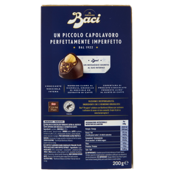BACI PERUGINA Caffè Cioccolatini Fondenti ripieni al Gianduia Scatola 200g