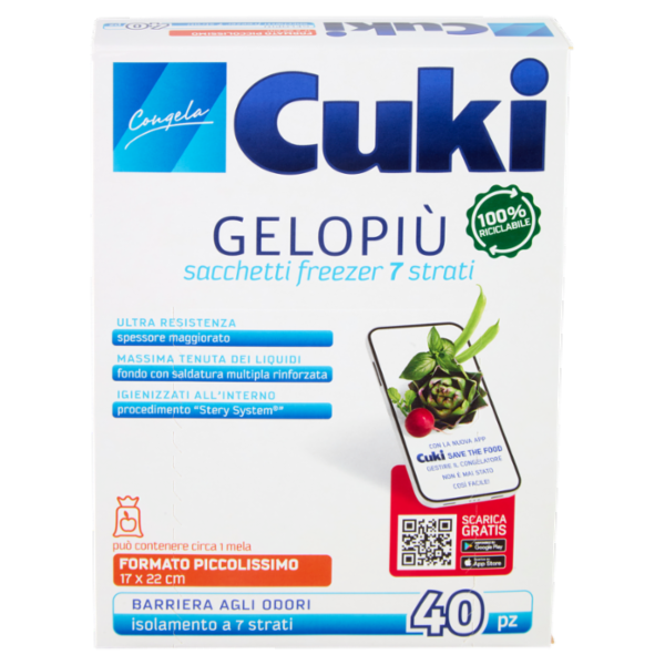 Cuki Congela Gelopiù sacchetti freezer 7 strati Formato Piccolissimo 17 x 22 cm 40 pz