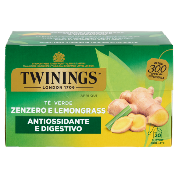 Twinings Zenzero e Lemongrass Tè Verde aromatizzato Antiossidante e Digestivo 20 filtri The 40 g