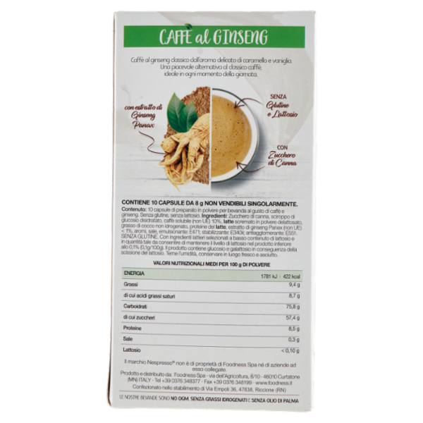 foodNess Caffè al Ginseng Compostabile Nespresso Compatibile 10 x 8 g