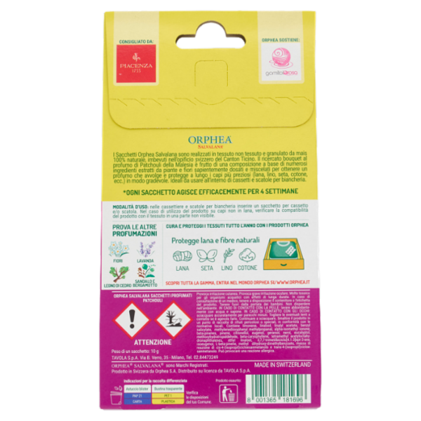 Orphea Salvalana Sacchetti per Cassetti e Armadi al Profumo Naturale Patchouli 3 x 10 g