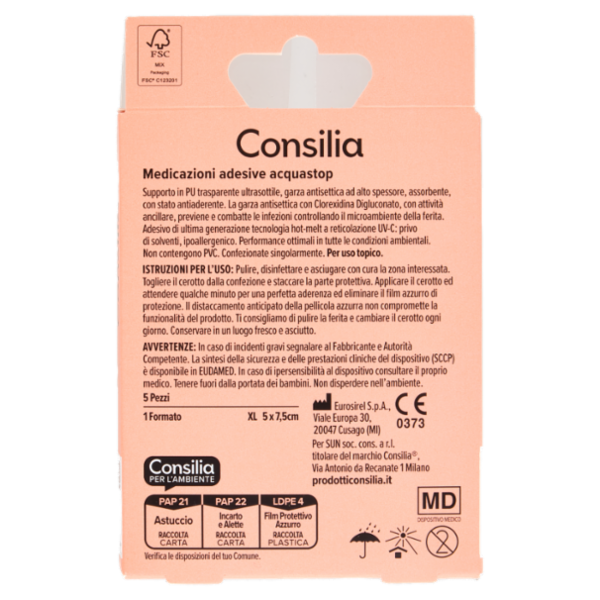 Consilia Medicazioni Adesive Impermeabili Formato XL 5x7,5 cm 5 pezzi