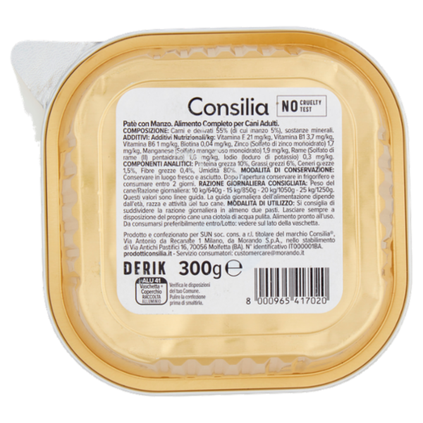 Consilia Derik Paté per Cane con Manzo 300 g