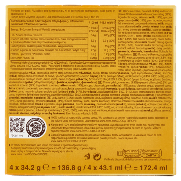 Twix Barretta Gelato con biscotto ricoperto di cioccolato al latte, Multipack da 4 x 34.2 g