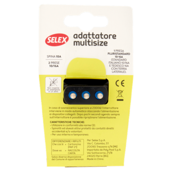 Selex Adattatore Multisize Spina 10A + 3 Prese 10-16A con Interruttore di Sicurezza Nero