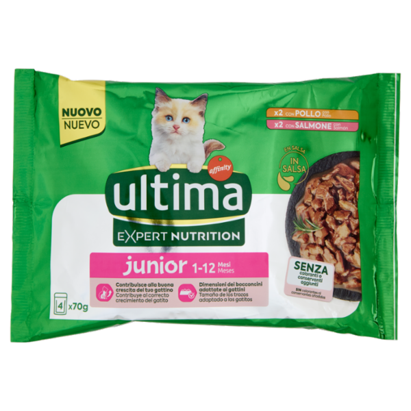 ultima Expert Nutrition Cat junior 1-12 Mesi con Pollo, con Salmone in Salsa 4 x 70 g