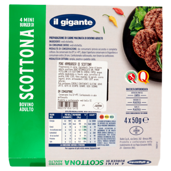 IL GIGANTE 4 Mini Burger di Scottona Bovino Adulto 4 x 50 g
