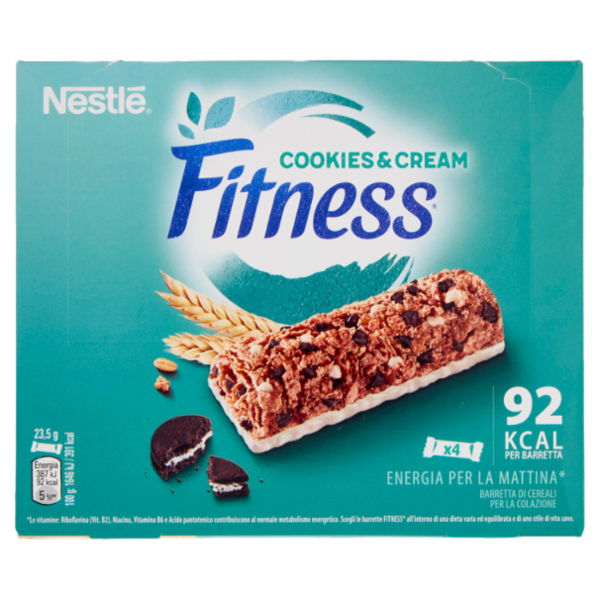 FITNESS Cookies&Cream Barrette Cereali Integrali con Biscotti e Cioccolato Bianco 4 pezzi da 23,5g
