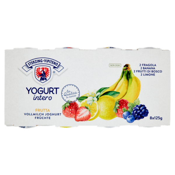 Sterzing Vipiteno Yogurt intero Frutta 2 Fragola, 2 Banana, 2 Frutti di Bosco, 2 Limone 8 x 125 g