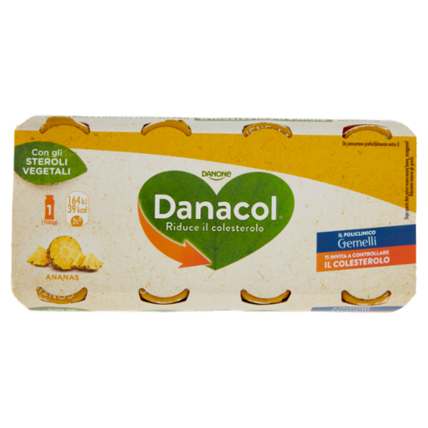 DANACOL Yogurt da bere, Riduce il Colesterolo grazie agli Steroli Vegetali, gusto Ananas, 8x100g
