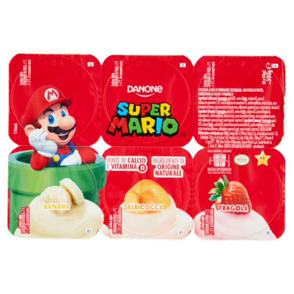Danone Supermario, Merenda base formaggio, gusto Banana/Frag/Albicocca,fonte di Calcio, 6x50g
