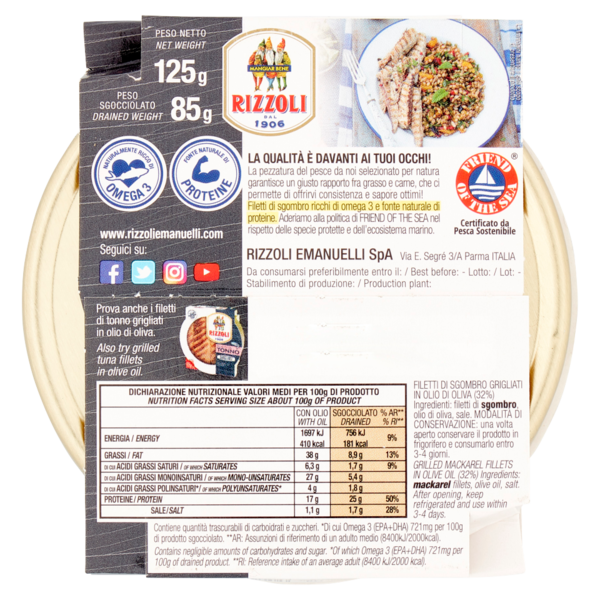 Razzoli Filetti di Sgombro Grigliati in Olio di Oliva Senza Pelle e Spine 125 g