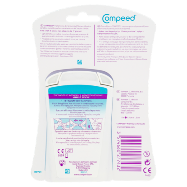 Compeed Trattamento dei Sintomi dell'Herpes Cerottino Trasparente 15 pz