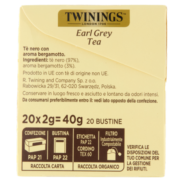 Twinings Earl Grey Tè Nero al sapore di Bergamotto 20 filtri The 40 g