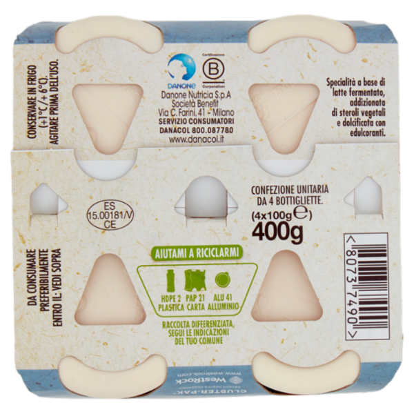 DANACOL Yogurt da bere, Riduce il Colesterolo grazie agli Steroli Vegetali, Bianco Naturale, 4x100g