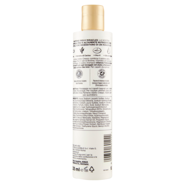 Pantene Shampoo Anti Crespo Miracles Addio Crespo con Biotina+Estratto di Cactus+Olio Argan 225 ml