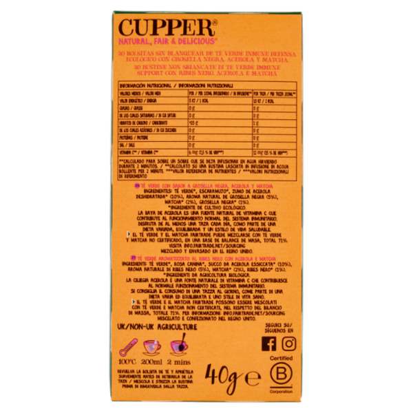 CUPPER Tè Verde Immune Support Biologico Fairtrade con Ribes Nero, Acerola e Matcha, 20 bustine 40 g