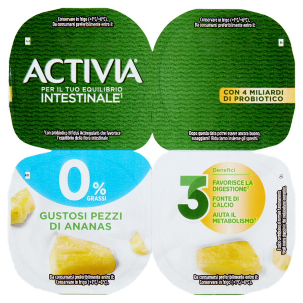 ACTIVIA Yogurt con Probiotico Bifidus, 0% Grassi, gusto Ananas, 4x125g
