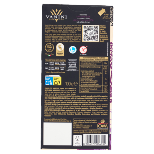 Vanini fondente 82% con note di rhum 100 g