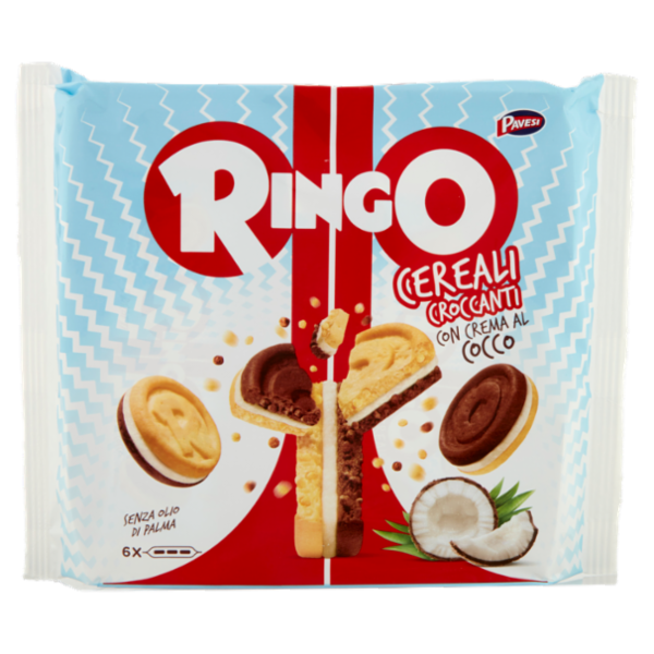 Ringo Cereali Croccanti Biscotti Farciti con Crema al Cocco Snack Merenda 156g