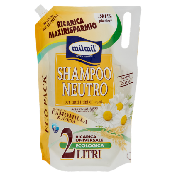 Milmil Shampoo Neutro Profumo di Camomilla & Avena Ricarica Universale Ecologica 2 Litri