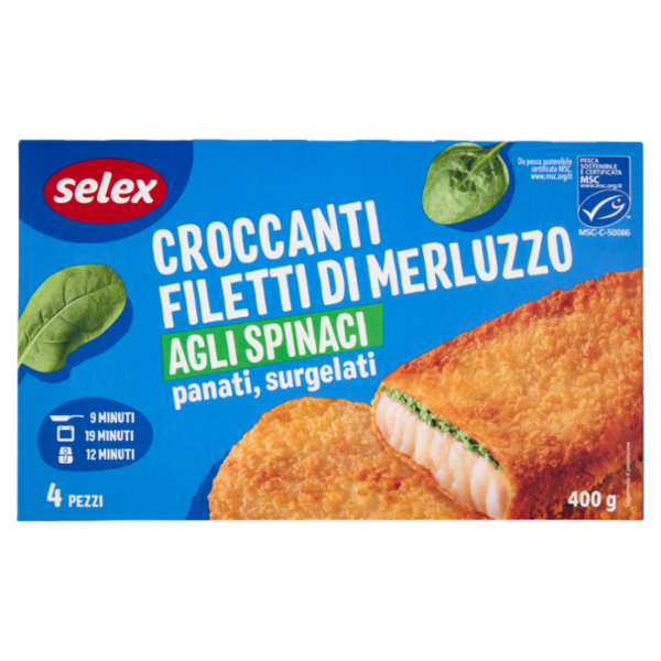 Selex Filetti di Merluzzo agli Spinaci in Croccante Panatura Surgelati 4x100 g
