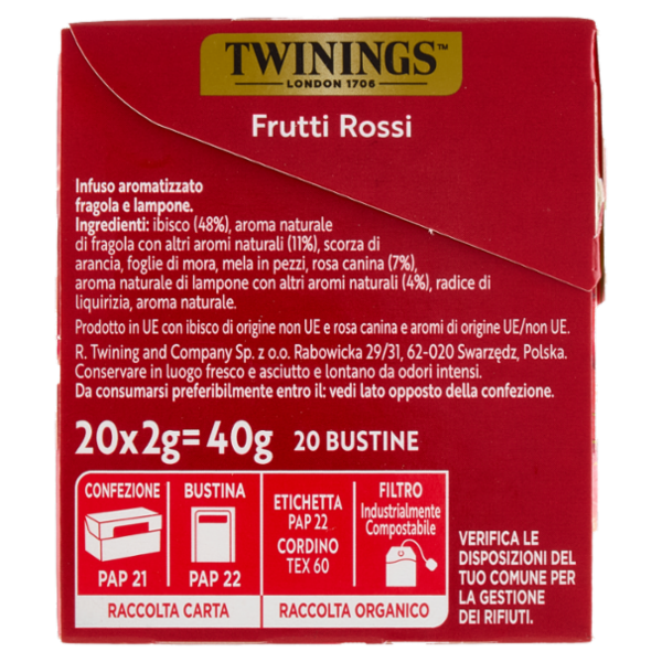 Twinings Frutti Rossi Infuso Sensations alla fragola, lampone, ibisco e rosa canina 20 filtri 40