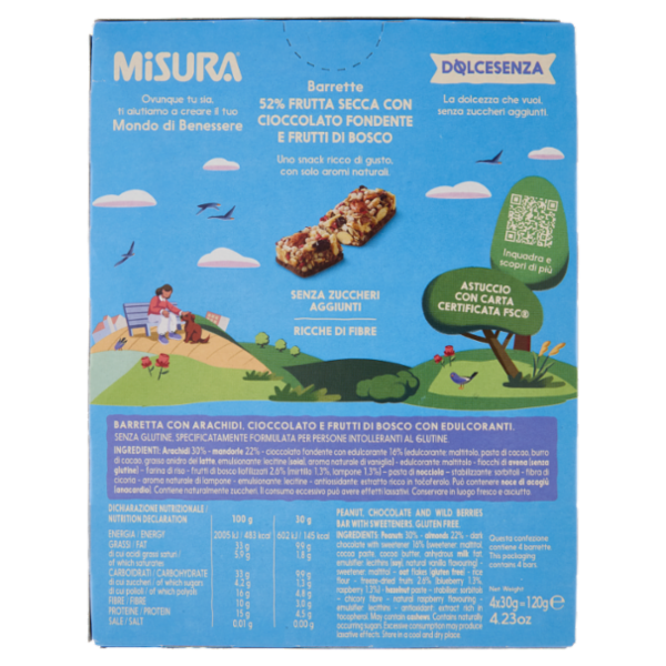 Misura Dolcesenza Barrette 52% Frutta Secca con Cioccolato Fondente e Frutti di Bosco 4 x 30 g