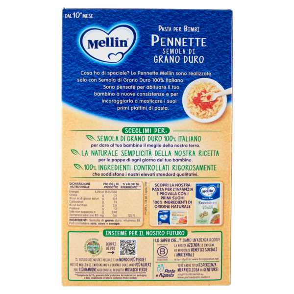 Mellin Pasta per Bimbi Pennette Semola di Grano Duro 280 g