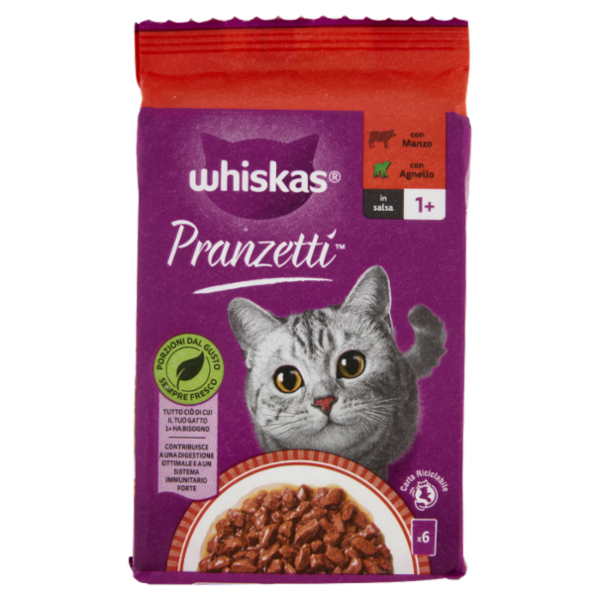 Whiskas Pranzetti Cibo Umido Gatto con Manzo e Agnello in Salsa 6x50g