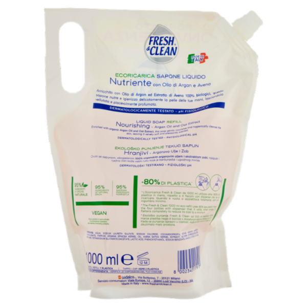Fresh & Clean Sapone Liquido Nutriente Olio di Argan e Avena Ecoricarica 1000 ml
