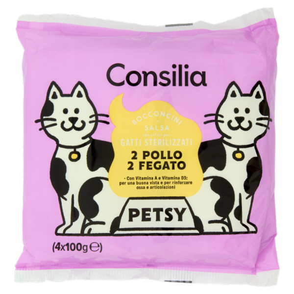 Consilia Petsy Bocconcini per Gatto Adulto Sterilizzato in Salsa 2 Pollo e 2 Fegato 4x100 g