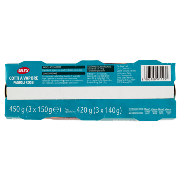 Selex Fagioli Rossi Cotti a Vapore 3x150 g
