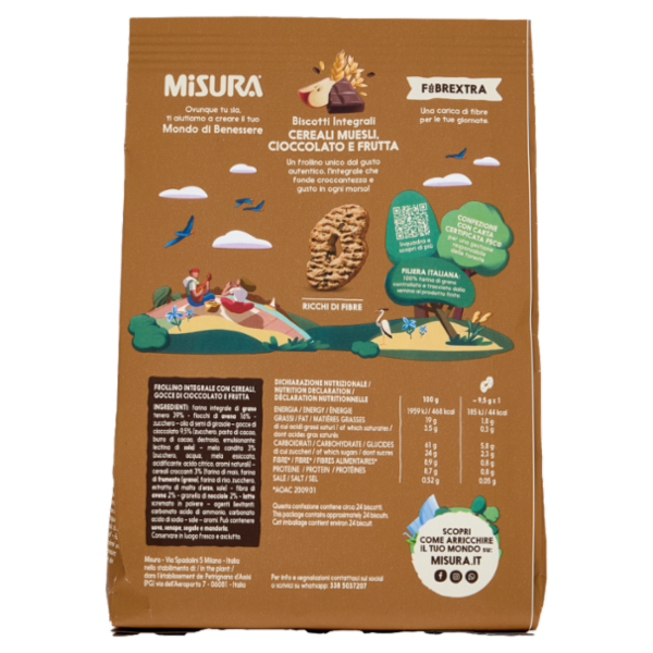 Misura Fibrextra Biscotti integrali Cereali Muesli, Cioccolato e Frutta 230 g