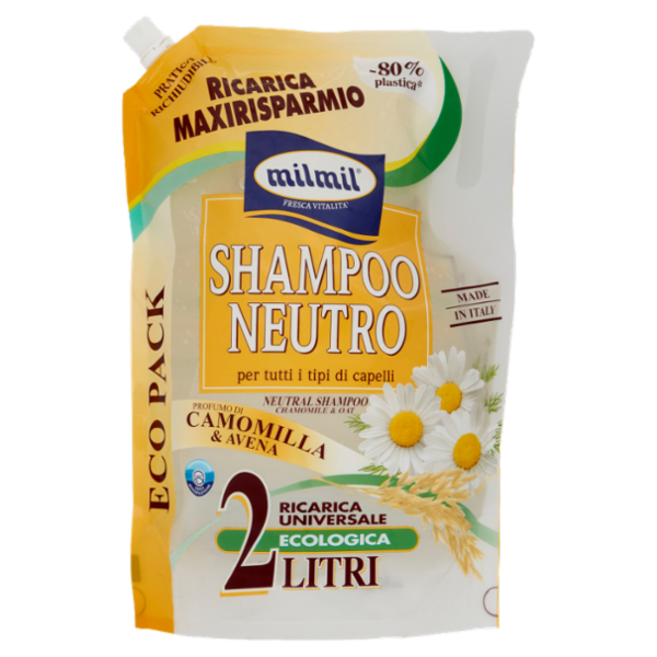 Milmil Shampoo Neutro Profumo di Camomilla & Avena Ricarica Universale Ecologica 2 Litri
