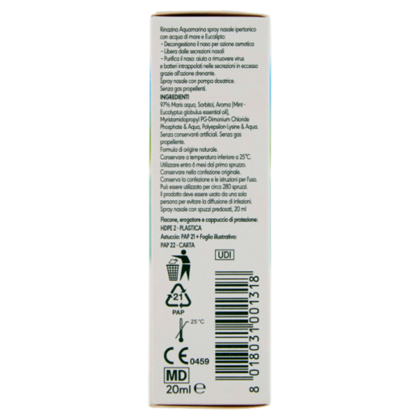 Rinazina aquamarina spray nasale decongestionale ipertonico sollievo naso chiuso e raffreddore 20ml