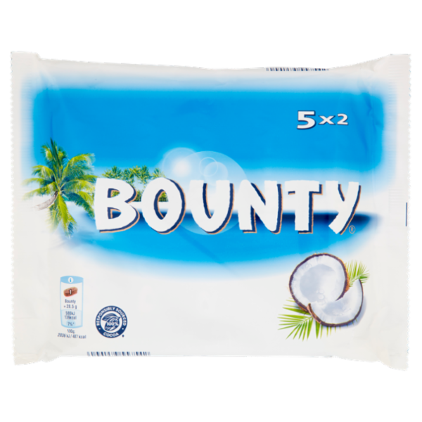 Bounty Snack di Cioccolato al Latte Ripiena al Cocco, Multipack da 5 x 57g