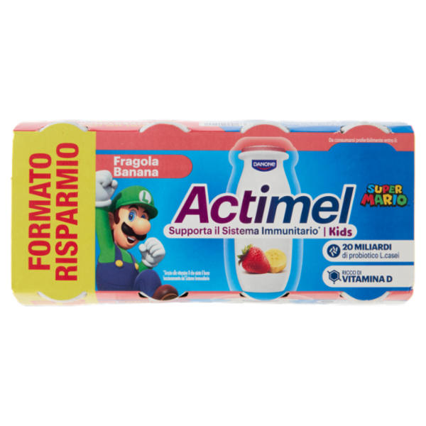 ACTIMEL SuperMario, Yogurt da Bere con Vit B6 e D per il Sistema Immunitario, fragola&banana, 8x100G