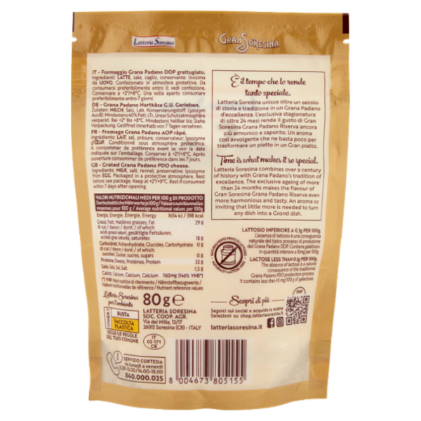 Gran Soresina Grana Padano DOP Grattugiato Riserva Oltre 24 Mesi 80 g