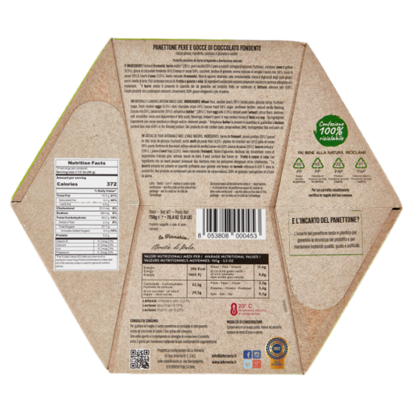 la Forneria Bontà di Pula Panettone Pere e Cioccolato Senza lattosio 750 g