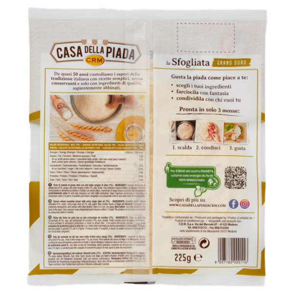 Casa della Piada la Sfogliata Grano Duro Formato Medio M 3 Piadine 225 g