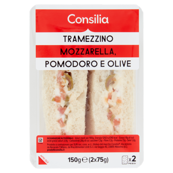 Consilia Tramezzini Farciti Mozzarella, Pomodoro e Olive 2x75 g