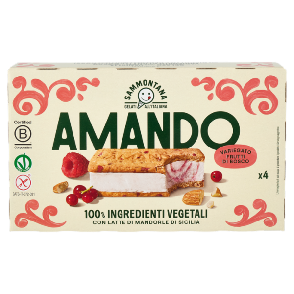 Sammontana Amando 4 Biscotti Gelato alla Vaniglia, Variegato ai Frutti di Bosco 4 x 52 g