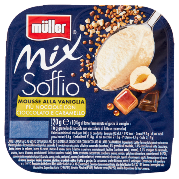 müller Mix Soffio Mousse alla Vaniglia Più Nocciole con Cioccolato e Caramello 120 g